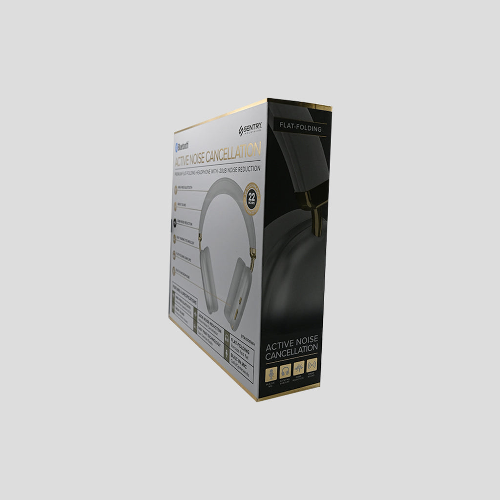 Sentry white and gold flat-folding ANC headphones packaging side view