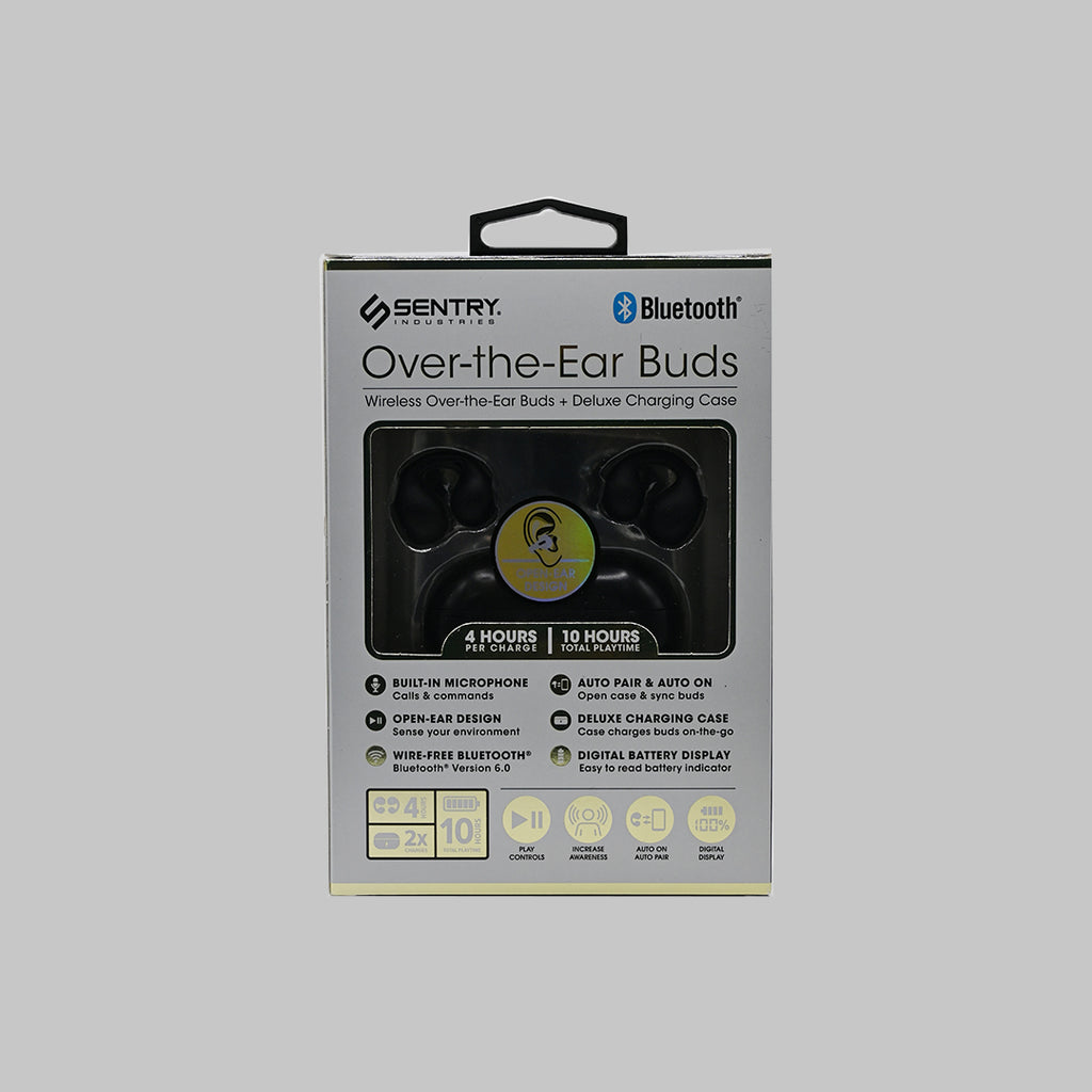 Sentry Over-the-Ear Buds with charging case — back of retail packaging