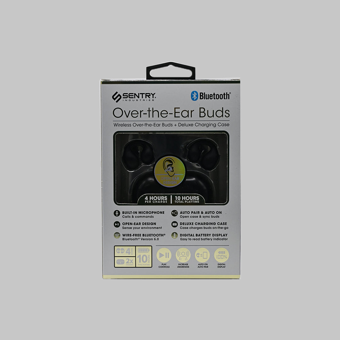 Sentry Over-the-Ear Buds with charging case — back of retail packaging