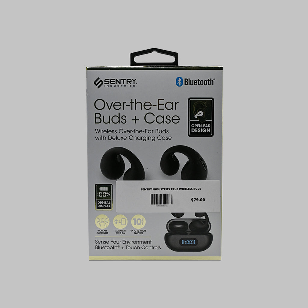 Sentry Over-the-Ear Buds with charging case — front of retail packaging