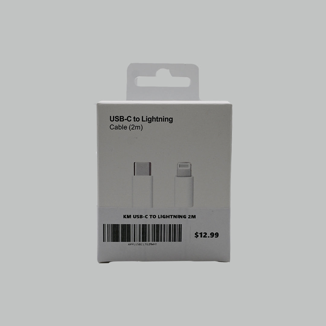 White USB-C to Lightning cable, 2 meters, front packaging