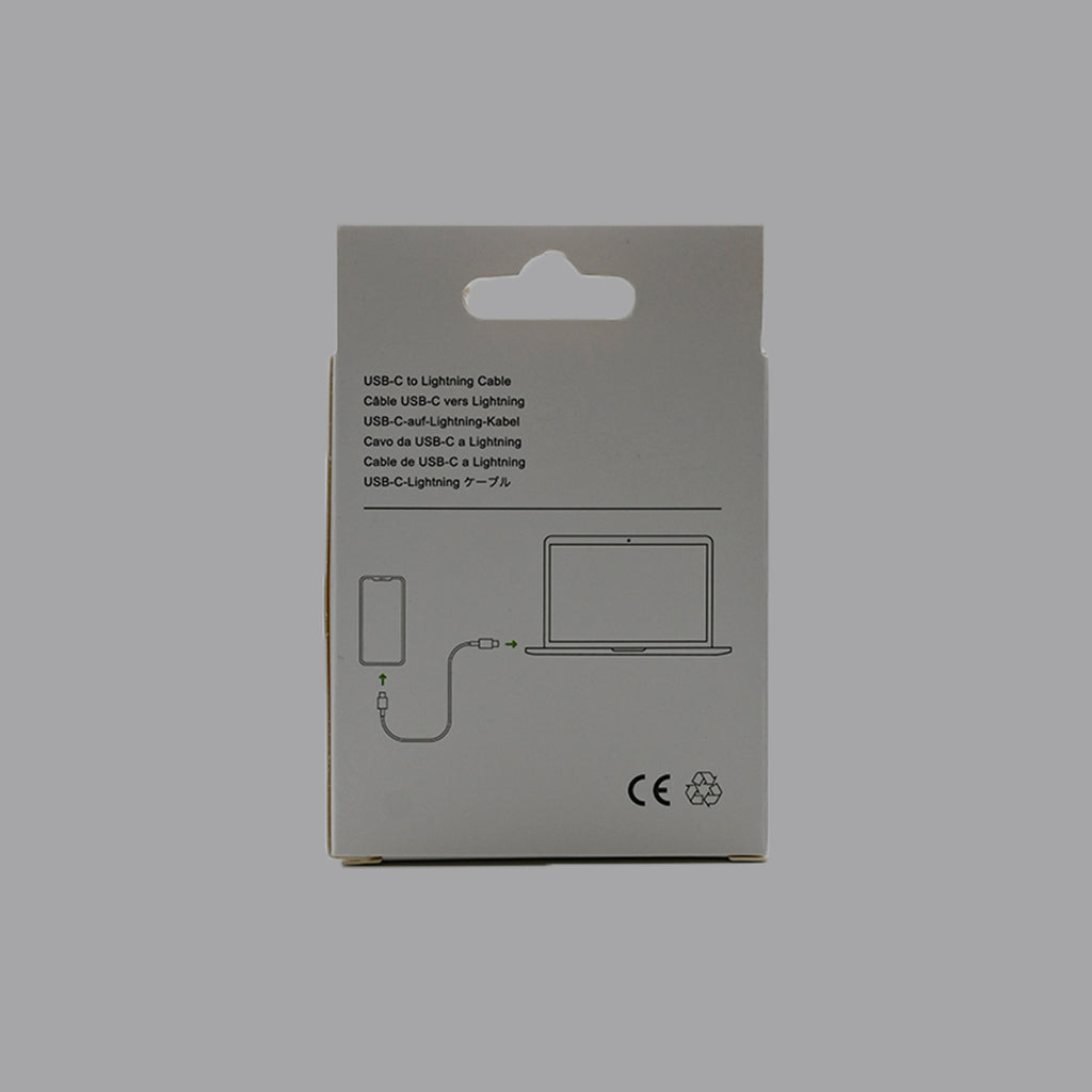 USB-C to Lightning cable packaging back with device connection illustration