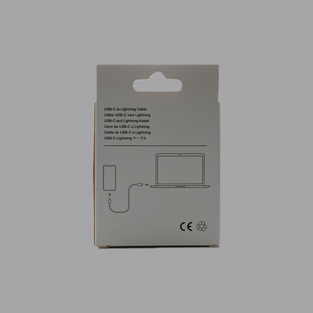 USB-C to Lightning cable packaging back with device connection illustration