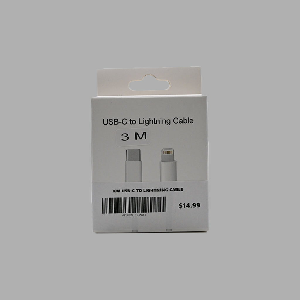 White USB-C to Lightning cable, 3 meters, front packaging