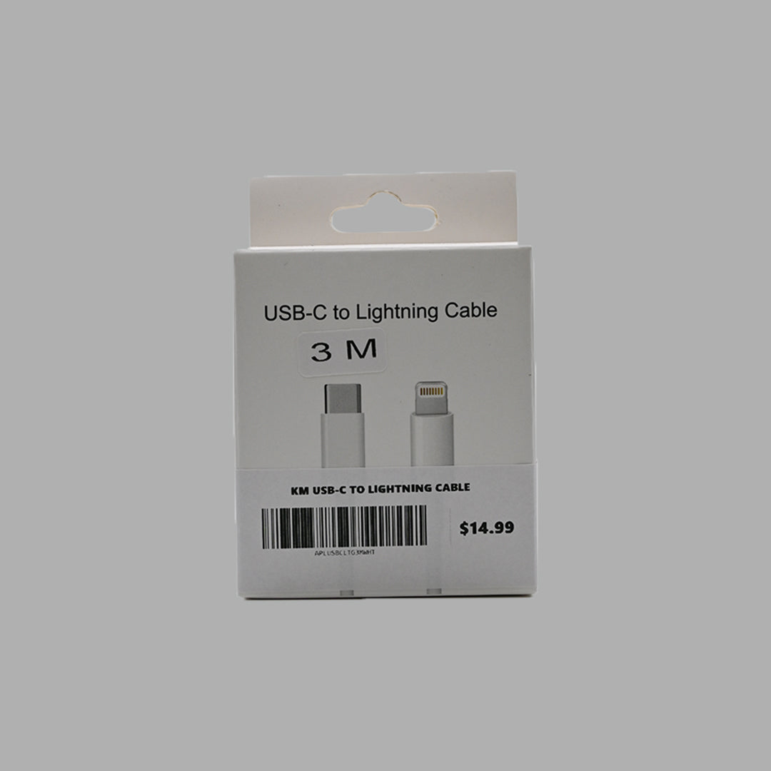 White USB-C to Lightning cable, 3 meters, front packaging