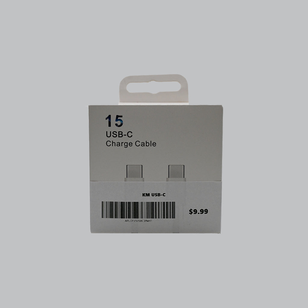 White USB-C to USB-C charge cable front packaging