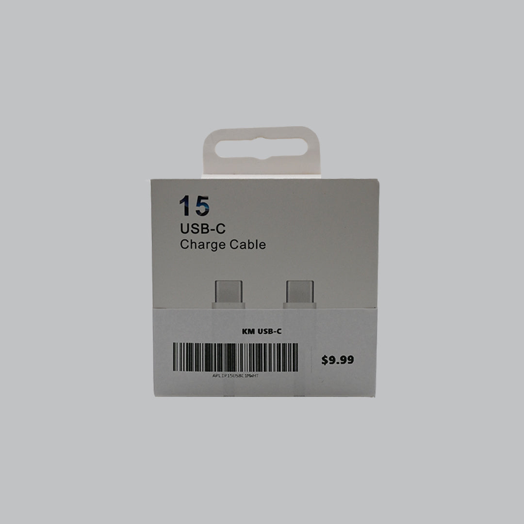 White USB-C to USB-C charge cable front packaging